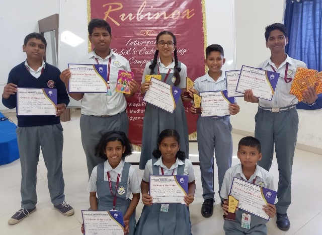  'Rubinox' Inter-School Rubik's Cube Competition held at English Medium School ( CBSE) on Friday 25th Nov, 2022.
Group C : Colour Cube 2nd Tanish Gaikwad Group A: Mirror Cube 1st Vihan Jagtap Group B: 1st Aditya Gawade 2nd Vedant Khatke Group C: Mirror Cube 1st Sanchita Sundechamutha 2nd Tanish Gaikwad 